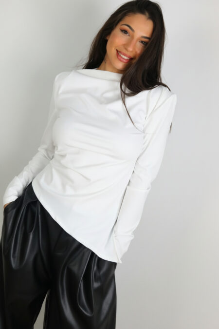 Camiseta Asimétrica Pliegues - Única, Blanco